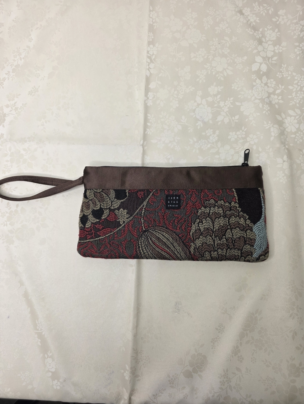 1154 Lill Studio Floral Tapestry Wristlet Pouch - Burgundy & Brown